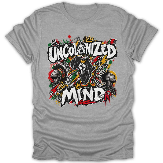 Graphic t-shirt with "UNCOLONIZED MIND" text, Africa map, and portraits of two people.