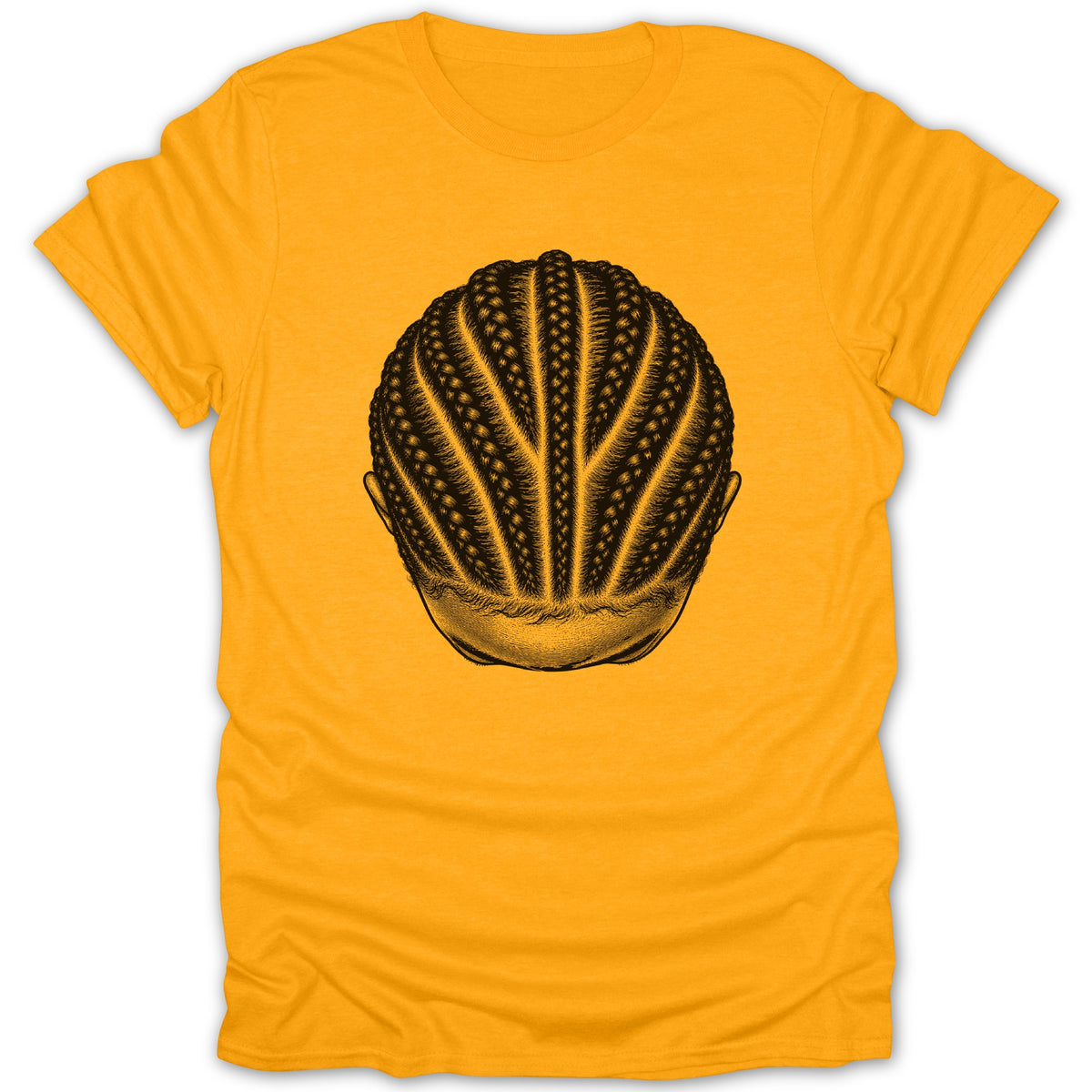 Orange t-shirt with black line art drawing of braided hair on the back.