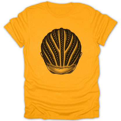 Orange t-shirt with black line art drawing of braided hair on the back.
