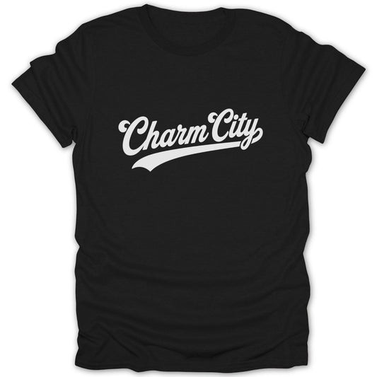 Black t-shirt with white "Charm City" text in a script font.
