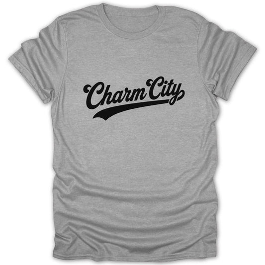Grey t-shirt with black "Charm City" script logo and underline.