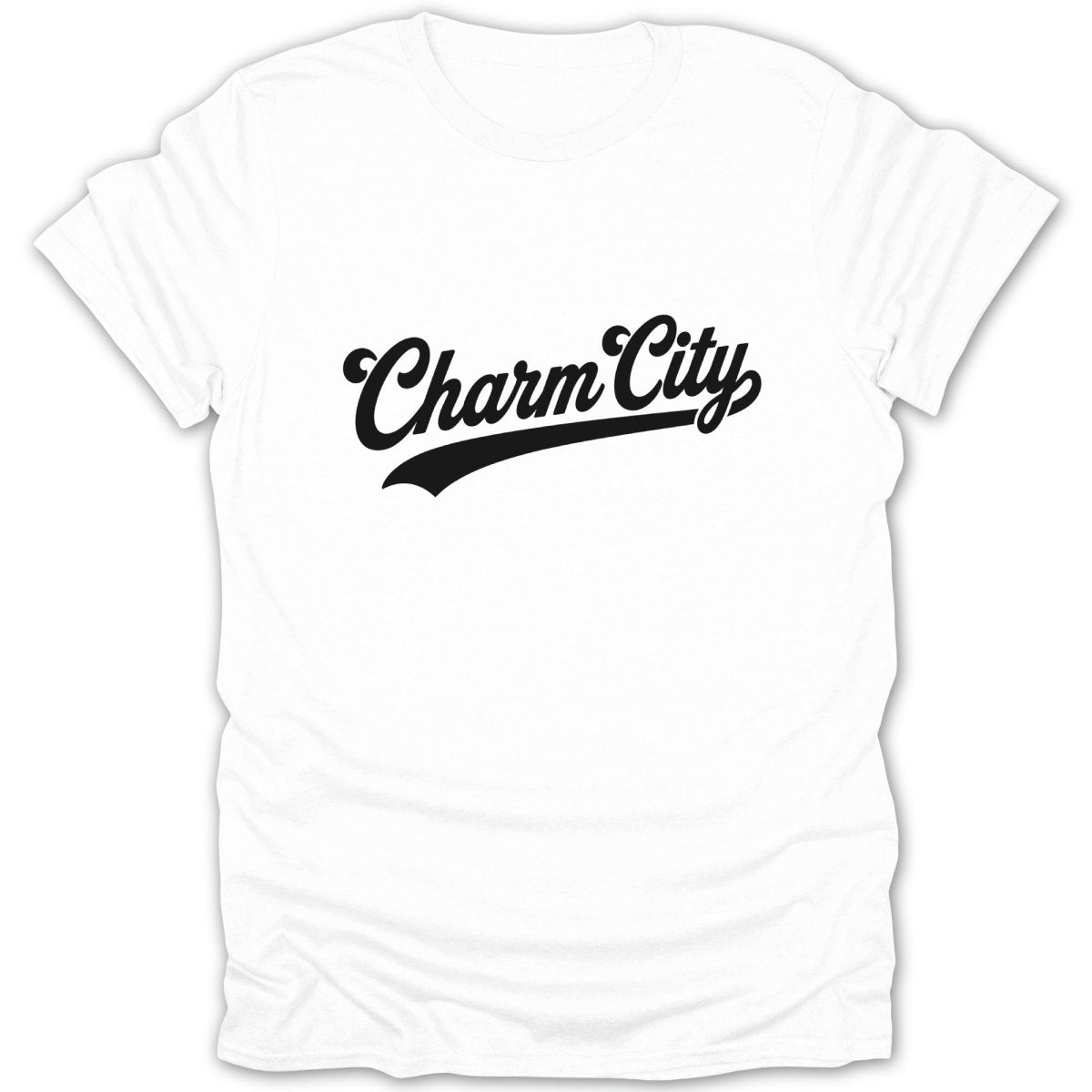 White t-shirt with black "Charm City" text in a stylized script.