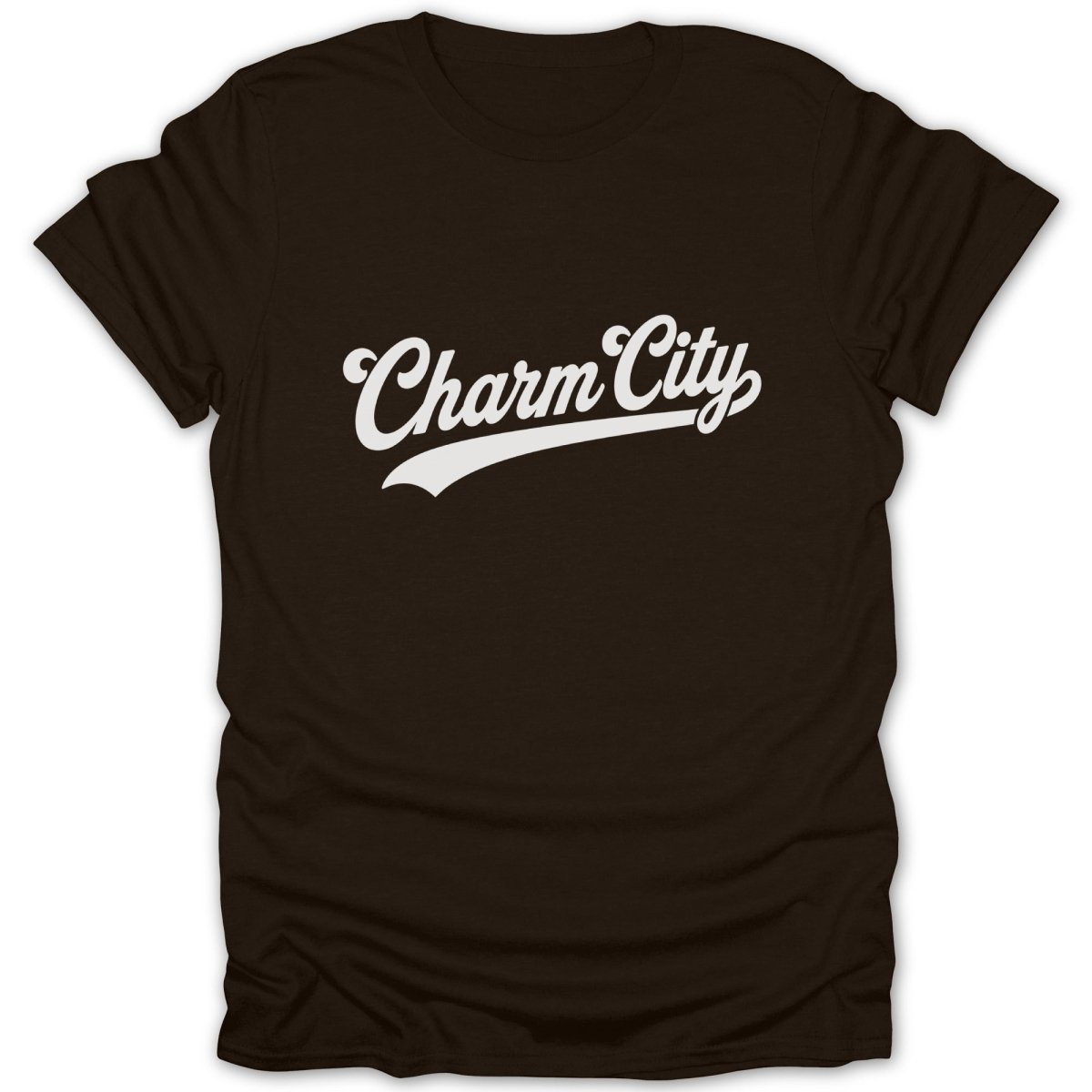 Brown t-shirt with white "Charm City" text in a script font.
