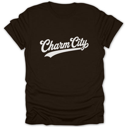 Brown t-shirt with white "Charm City" text in a script font.
