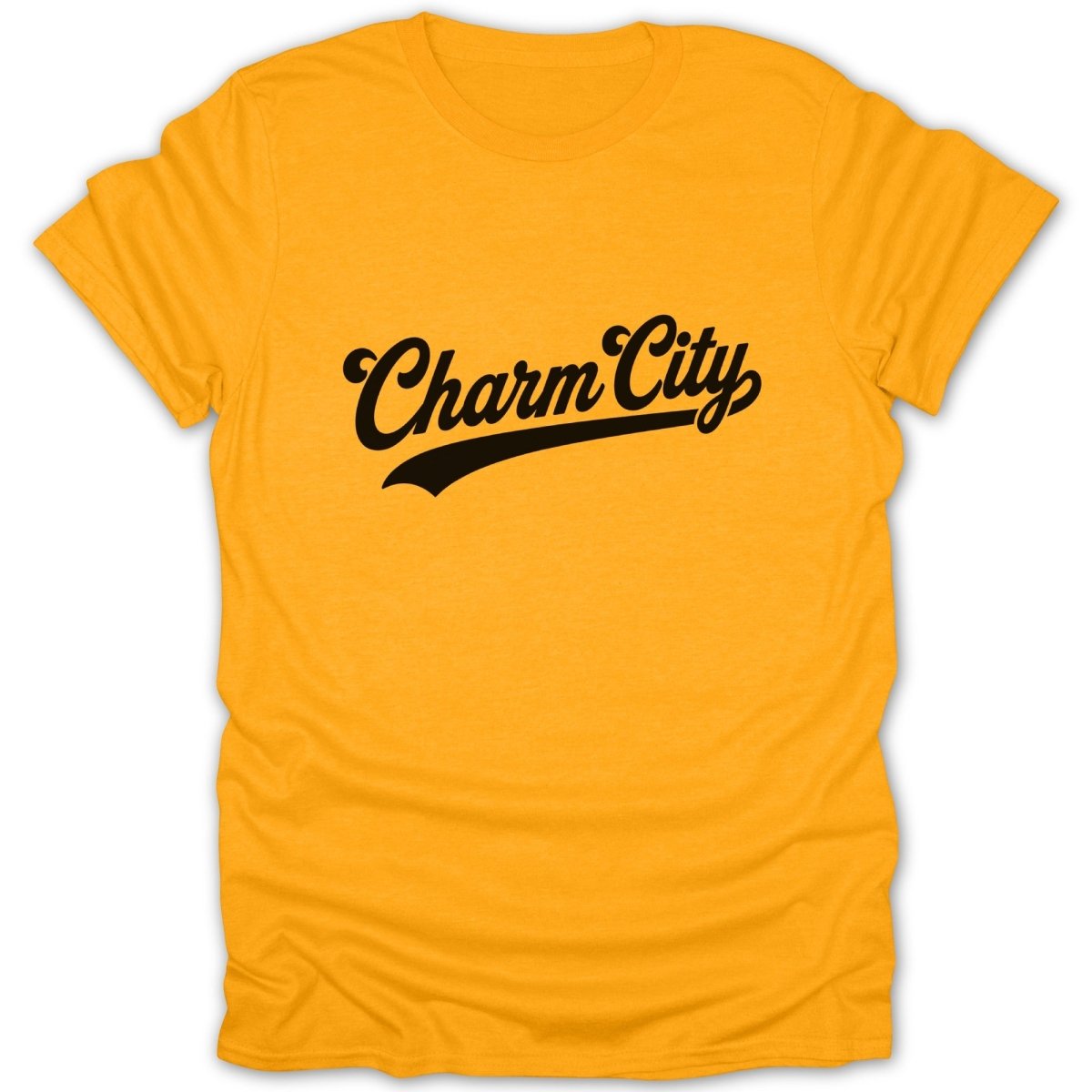 Orange t-shirt with black "Charm City" text in a script font
