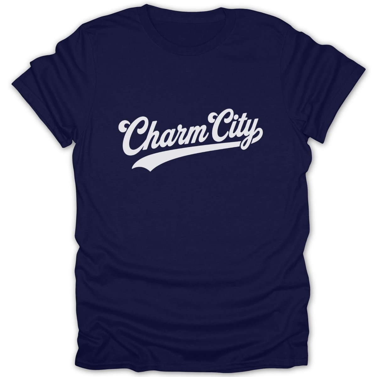 Navy t-shirt with white "Charm City" text in script font.