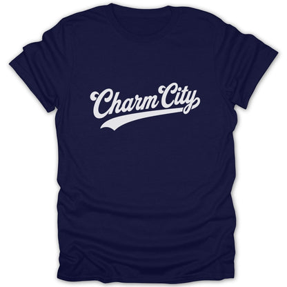 Navy t-shirt with white "Charm City" text in script font.