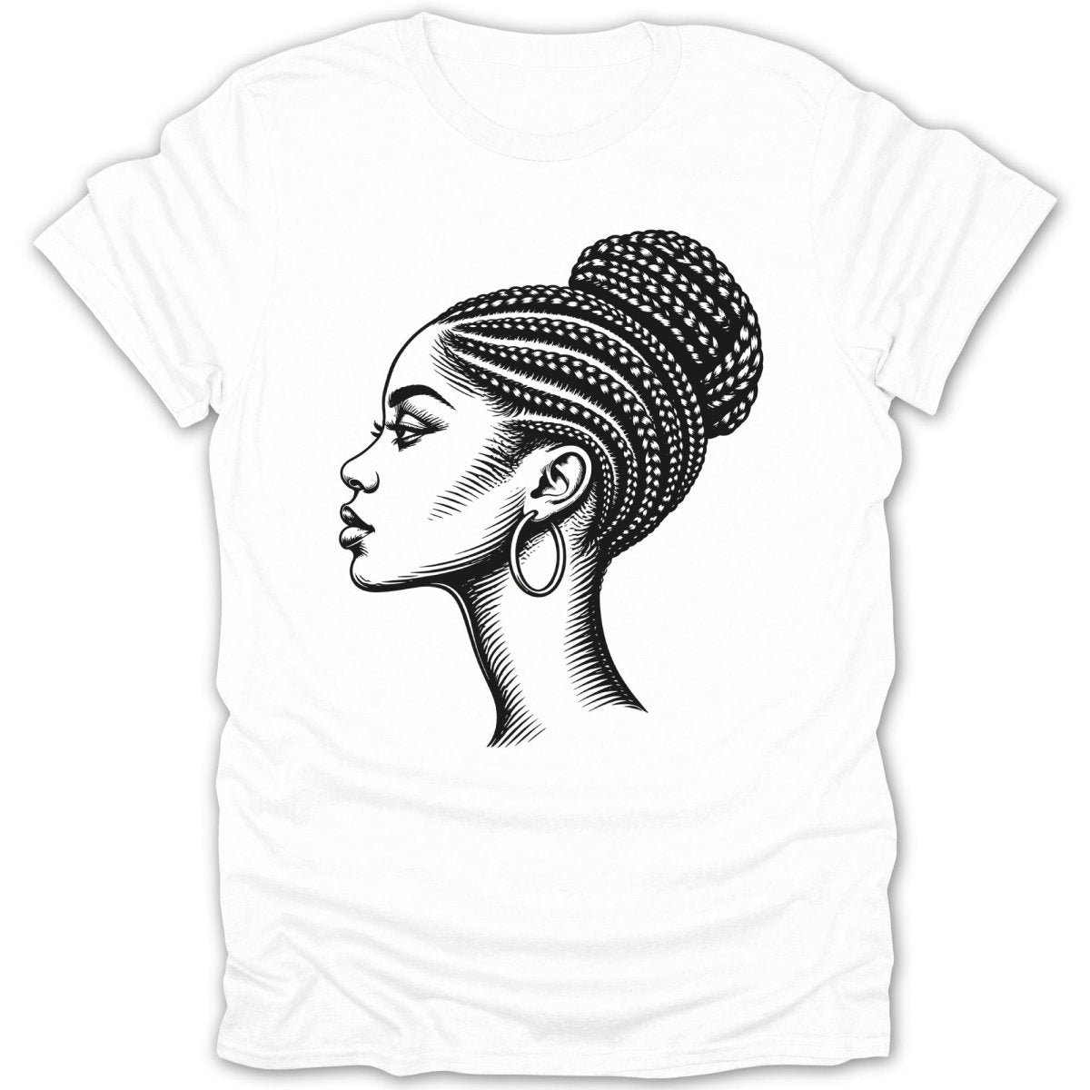 Black and white illustration of a woman's profile with braided hair in a bun.