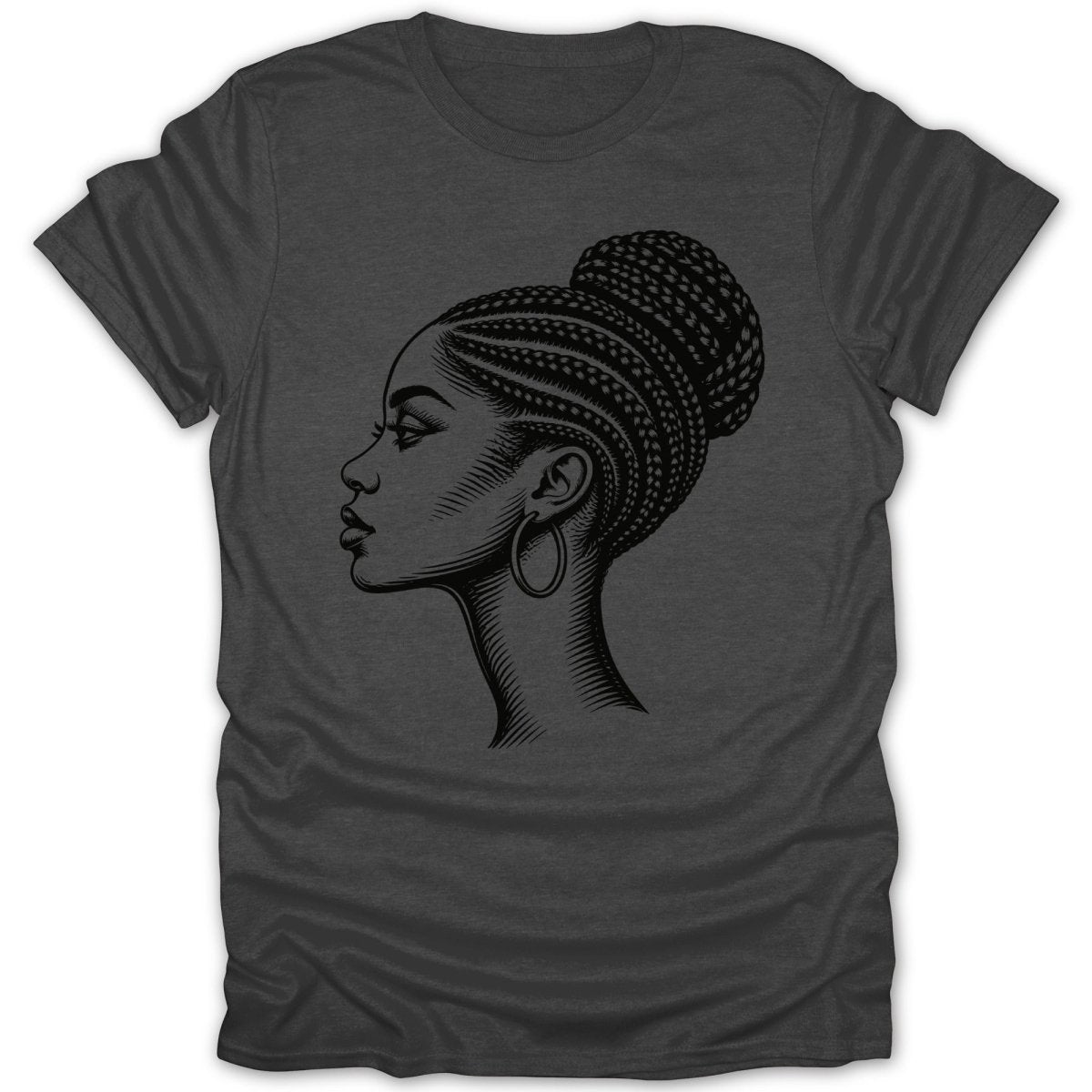 Line art profile of a woman with braided hair in a bun and hoop earring.