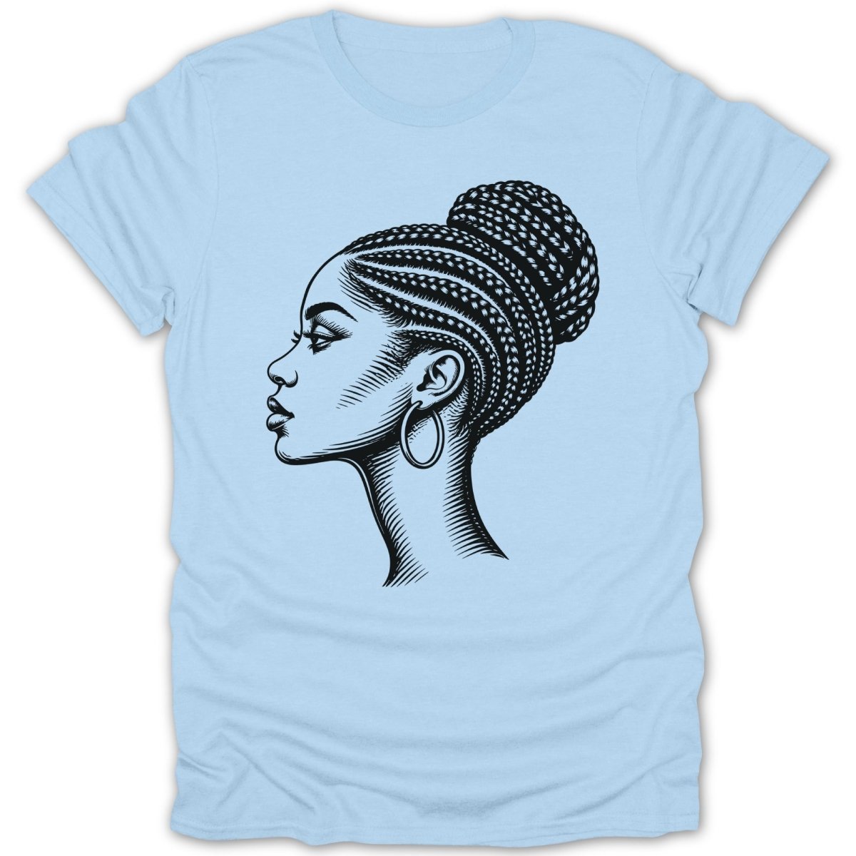 Line art profile of a woman with braided hair in a bun wearing a hoop earring.