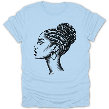 Line art profile of a woman with braided hair in a bun wearing a hoop earring.