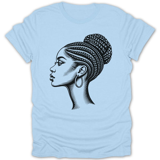 Line art profile of a woman with braided hair in a bun wearing a hoop earring.