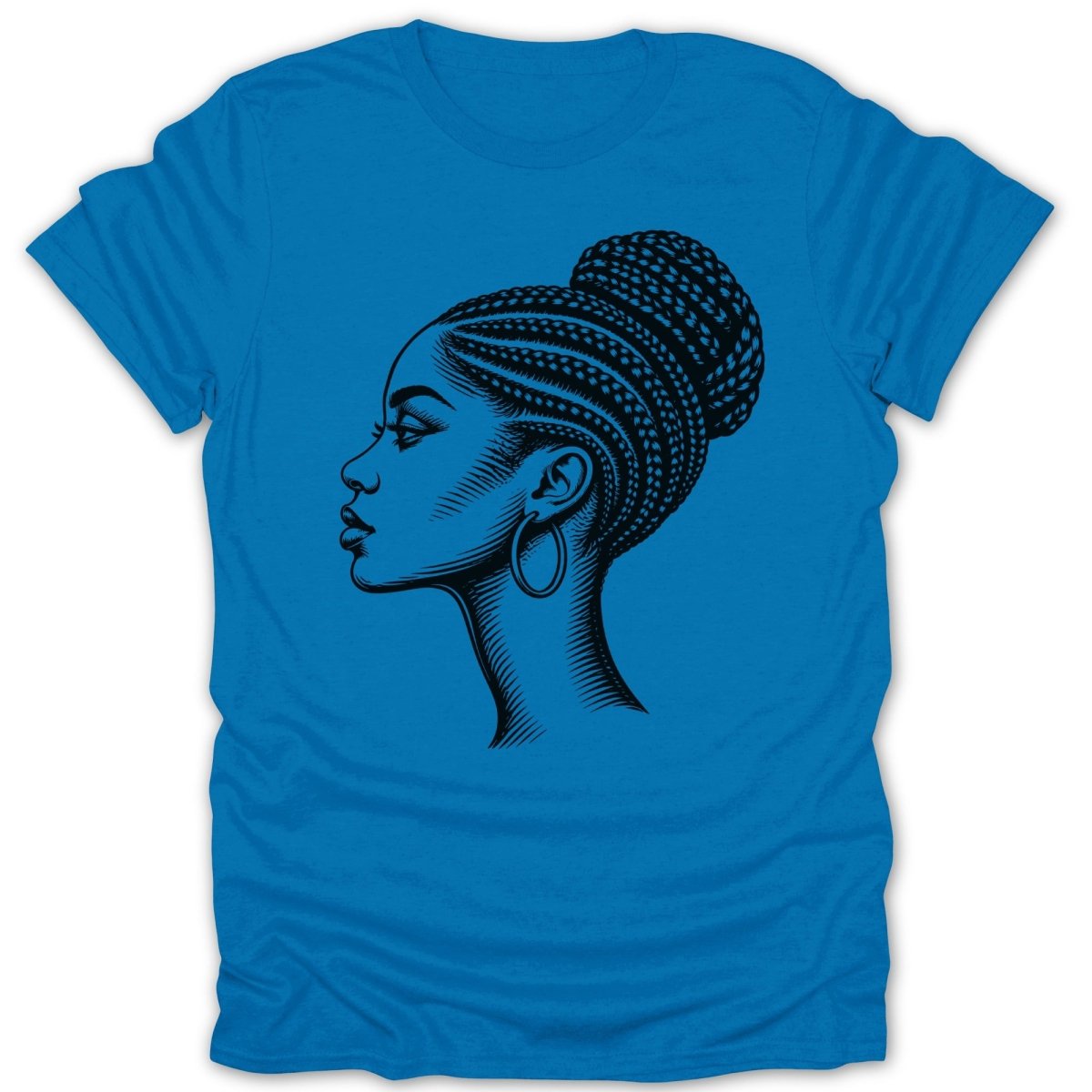 Black and white illustration of a woman with braided hair on a blue t-shirt.