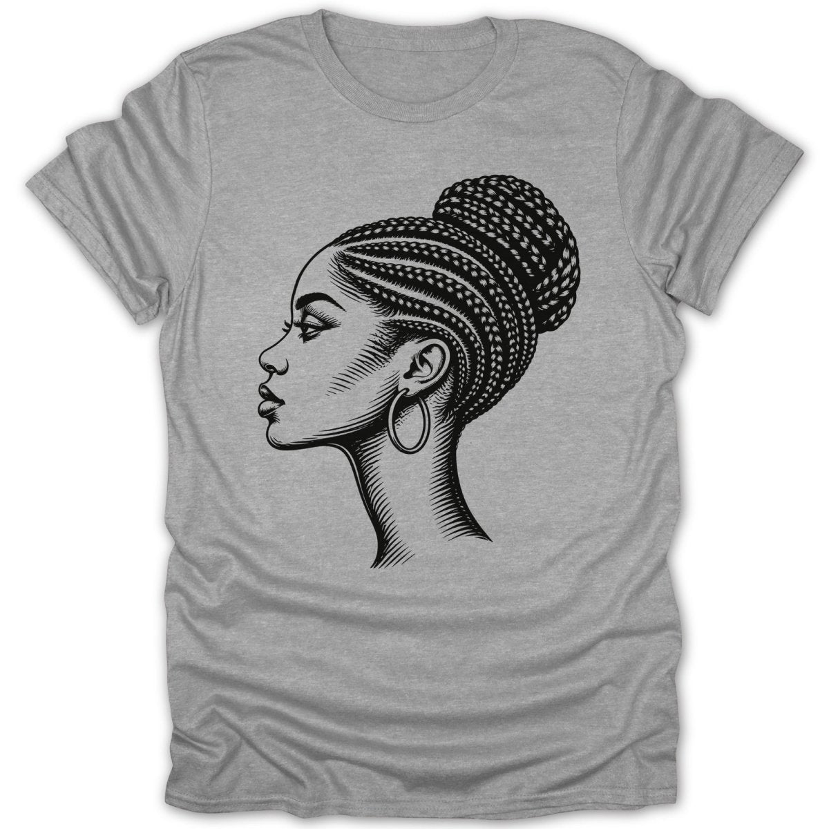 Black line drawing of a woman with braided hair in a bun and hoop earring on a grey t-shirt.