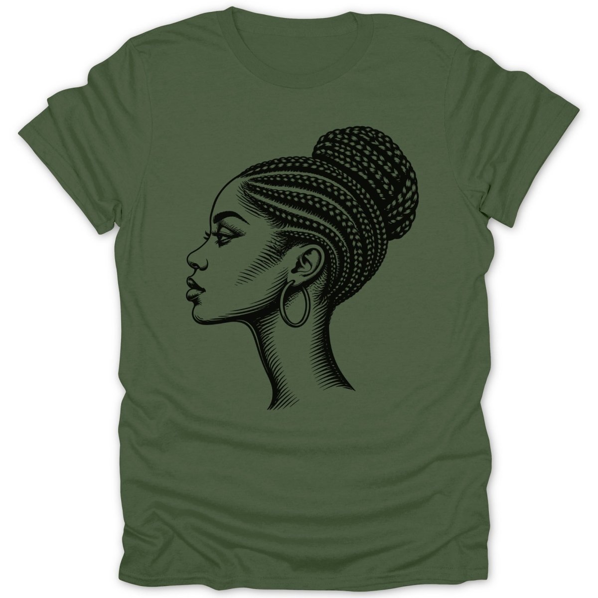 Black line art of a woman with braided hair in a bun wearing a hoop earring on a green t-shirt.