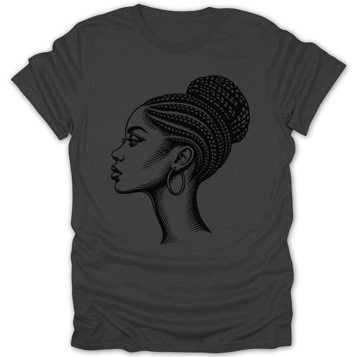 Black etching of woman with braided updo and hoop earring on dark grey t-shirt.