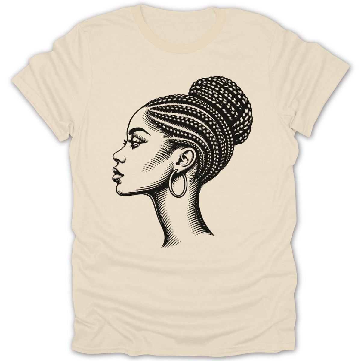 Line art of a woman with braided hair in a bun and hoop earring on a cream shirt.