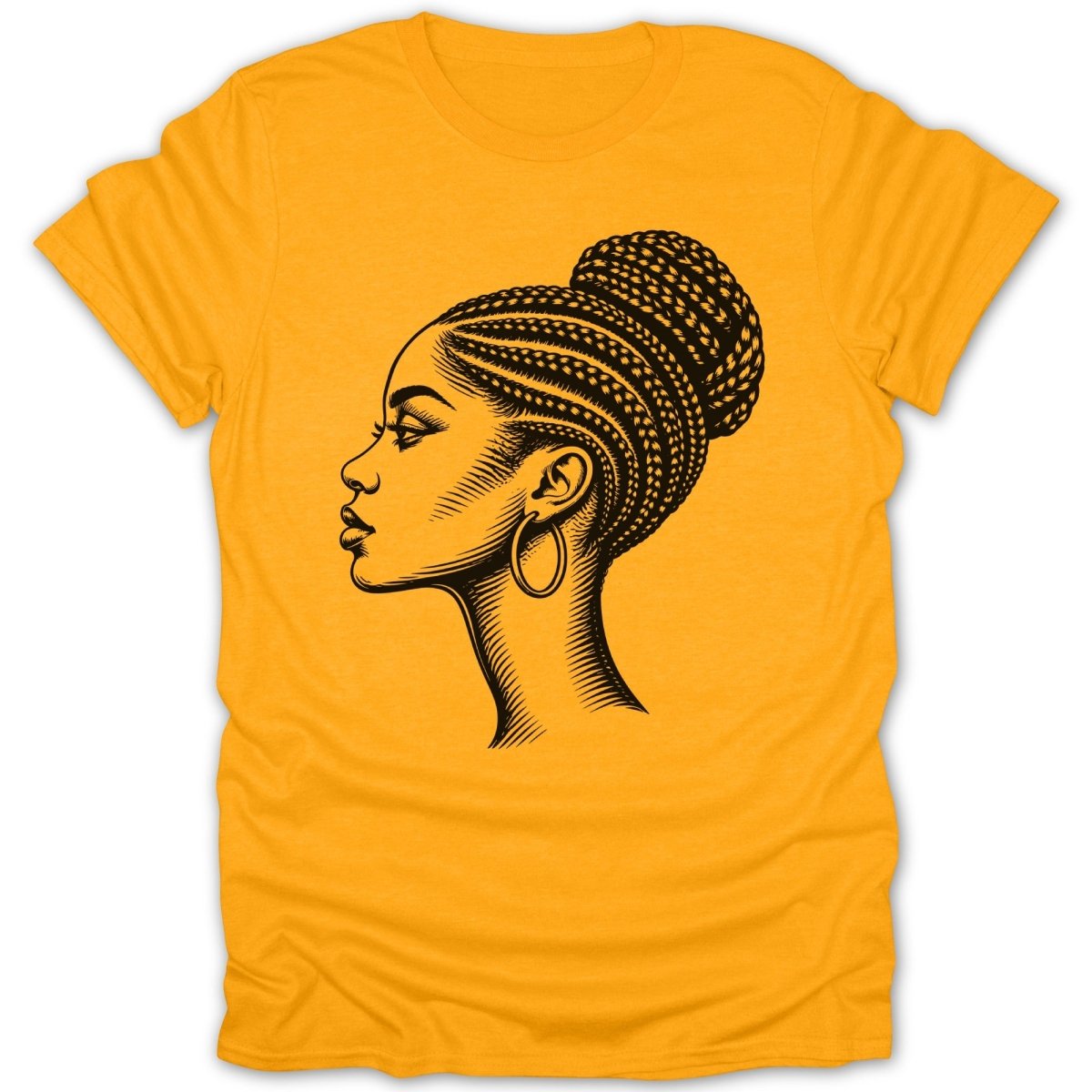 Black line art of a woman's profile with braided hair in a bun on a yellow t-shirt.