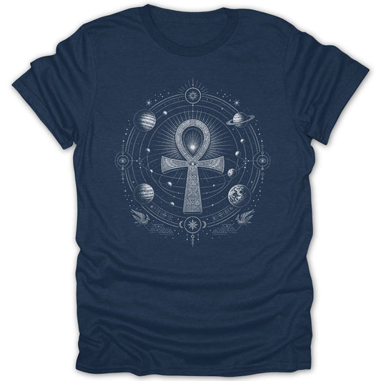 Navy t-shirt with intricate white celestial ankh design featuring planets and stars.