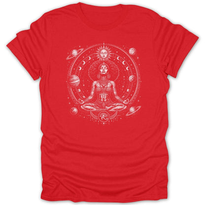 Red t-shirt with white intricate celestial design of a meditating woman and planets.
