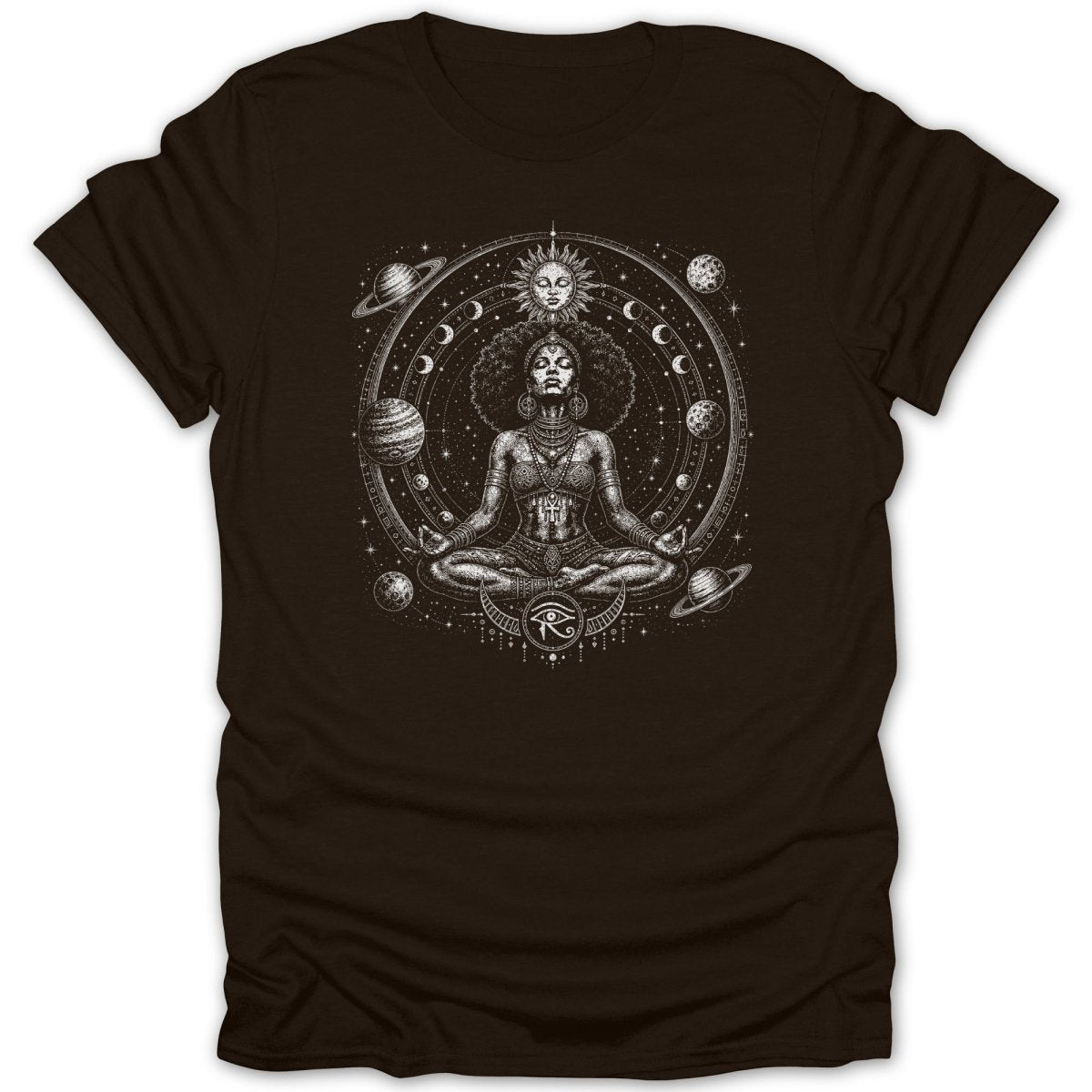 Black t-shirt with mystical woman meditating surrounded by planets and sun.