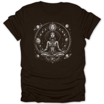 Black t-shirt with mystical woman meditating surrounded by planets and sun.