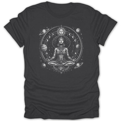 Black t-shirt with a celestial design of a meditating woman surrounded by planets and stars.