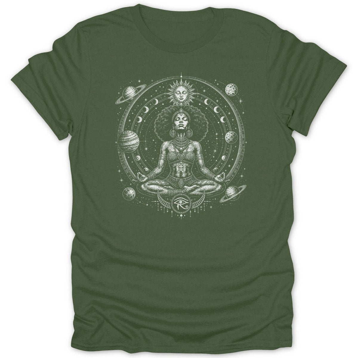 T-shirt with drawing of woman meditating surrounded by planets and celestial symbols.