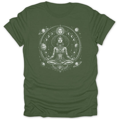 T-shirt with drawing of woman meditating surrounded by planets and celestial symbols.