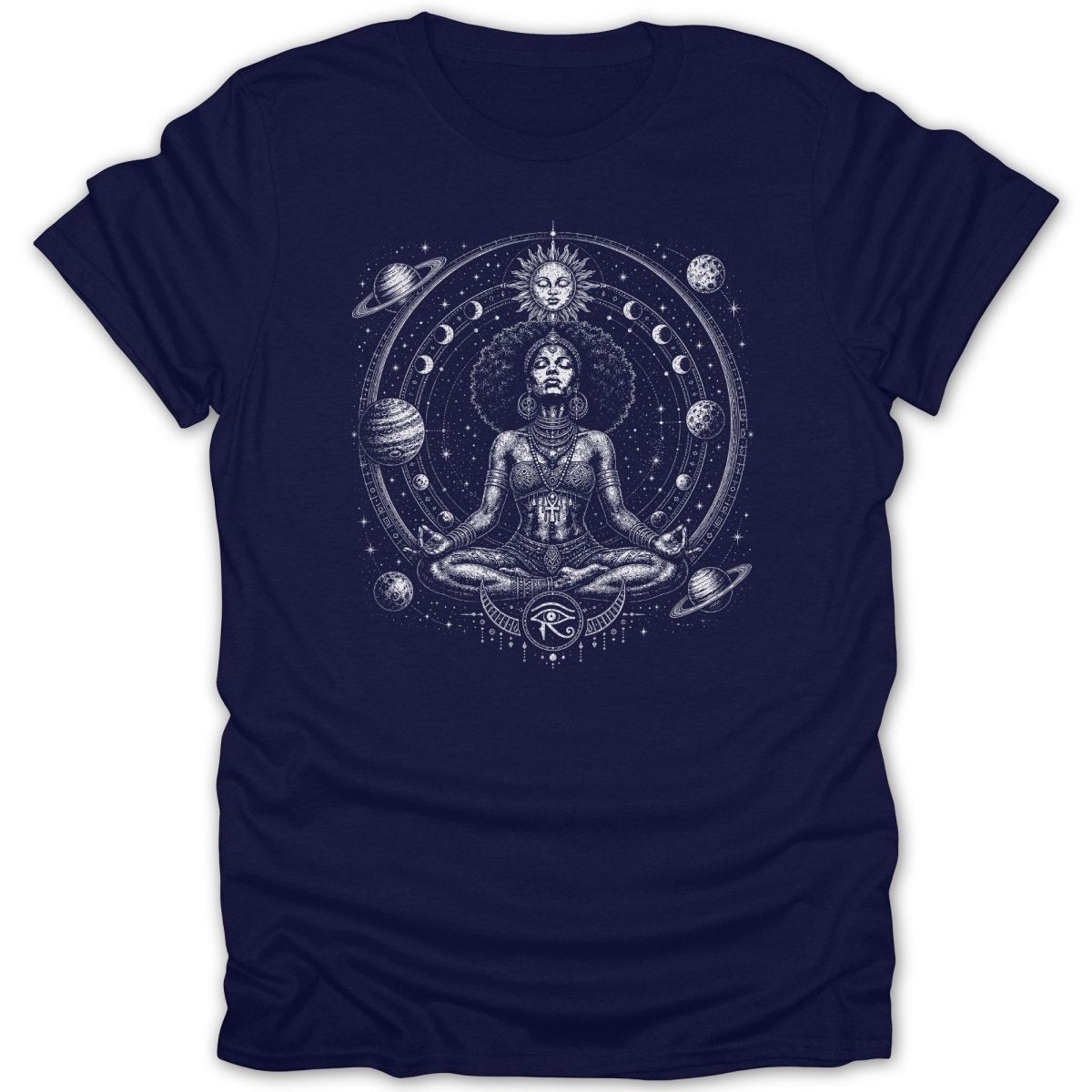 T-shirt with a meditation graphic featuring a woman, sun, moon, and planets.