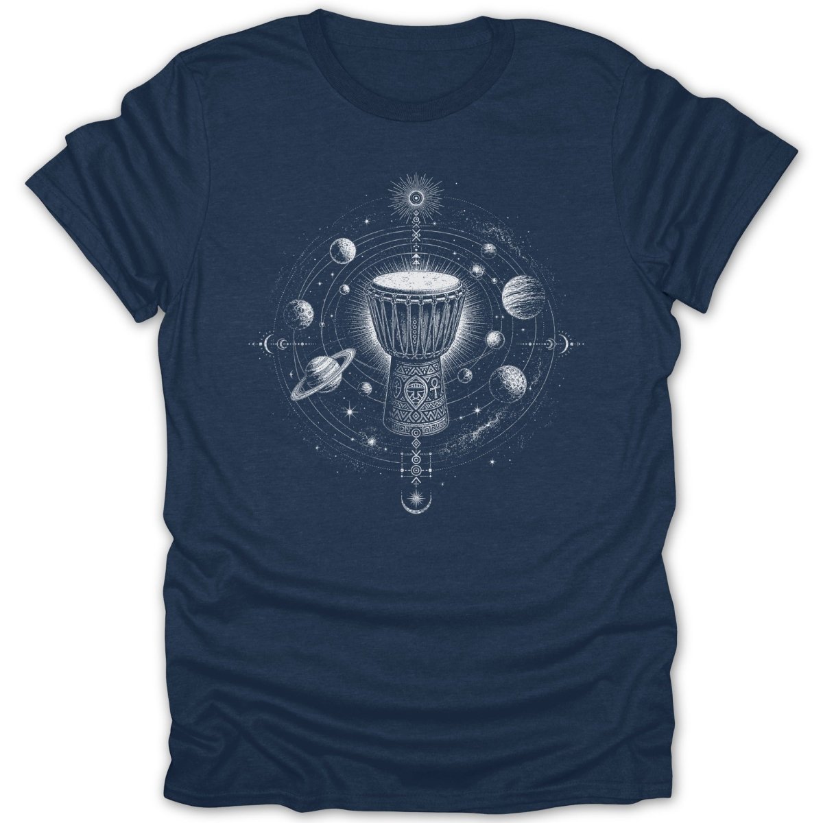 Navy t-shirt with a white djembe drum surrounded by planets and stars in circular patterns.