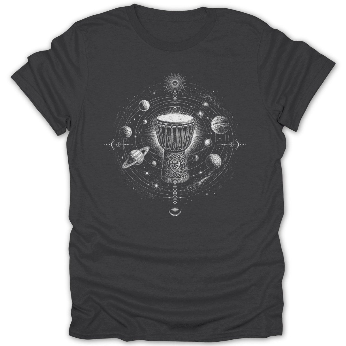 Dark grey t-shirt featuring a djembe drum surrounded by planets and stars in a celestial design.