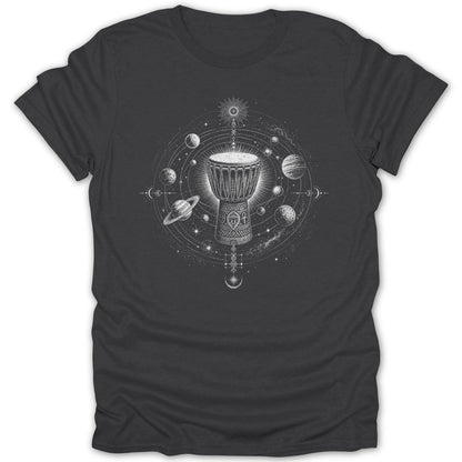 Dark grey t-shirt featuring a djembe drum surrounded by planets and stars in a celestial design.