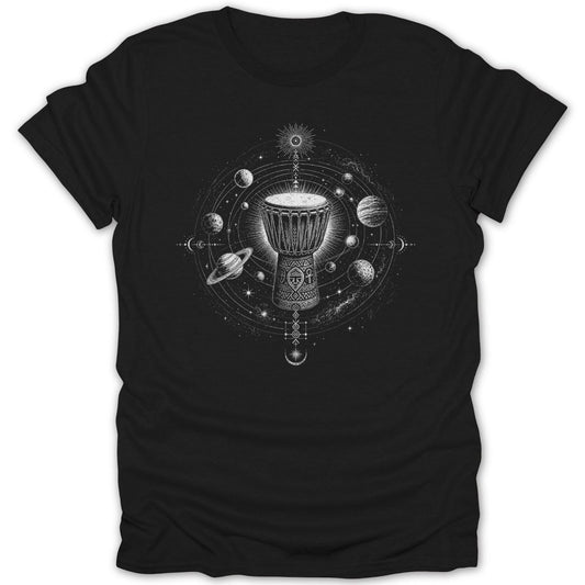 Black t-shirt with white djembe drum surrounded by planets in cosmic design.