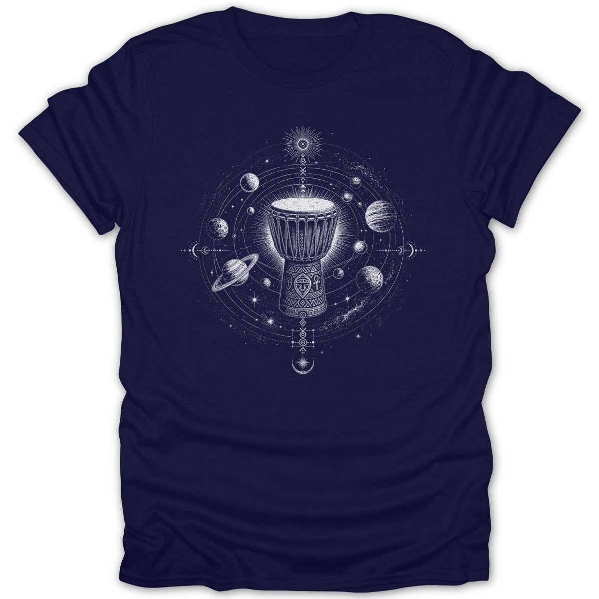 White celestial design of a drum surrounded by planets and stars on a navy t-shirt.