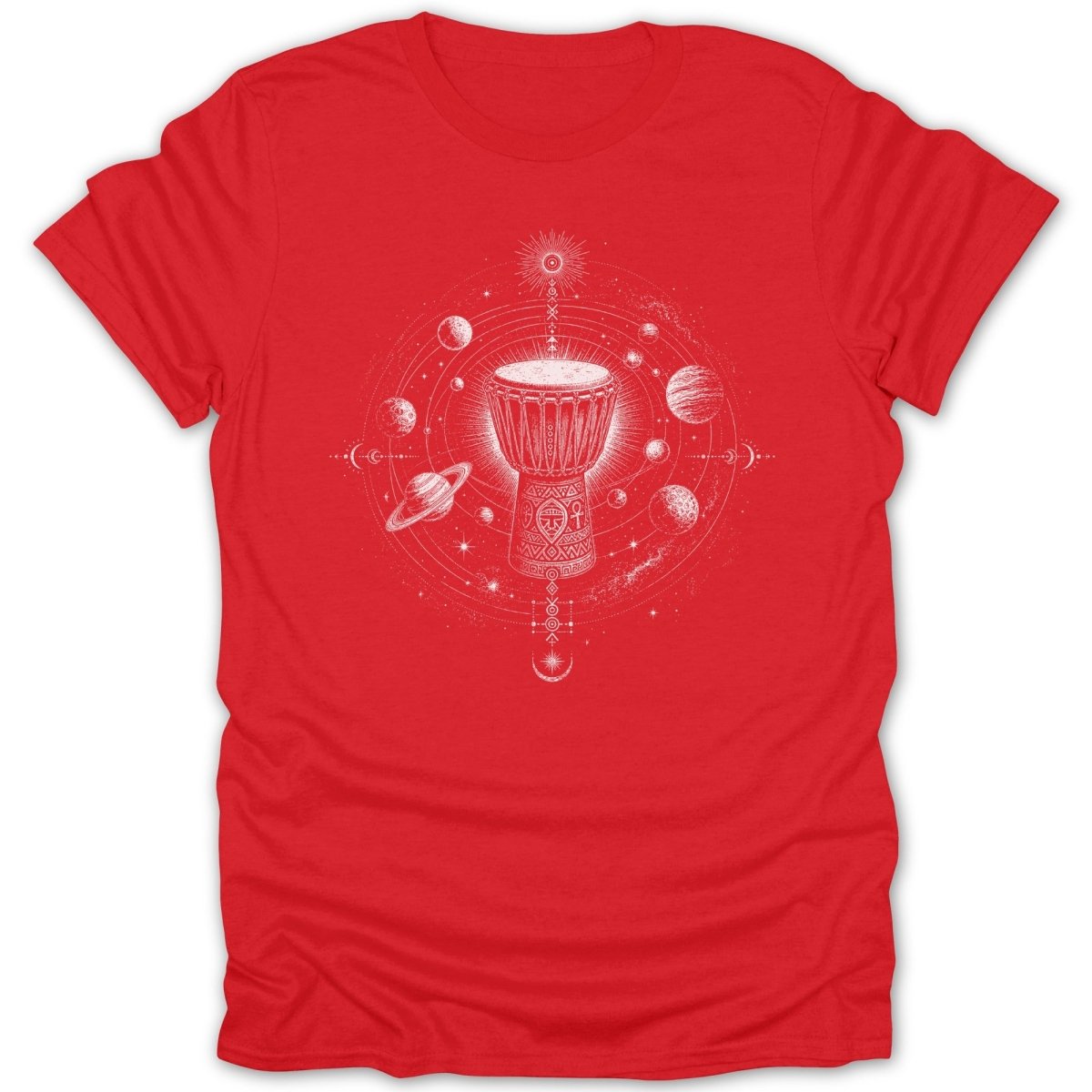 Red t-shirt featuring a white astronomical design with a drum and planets.