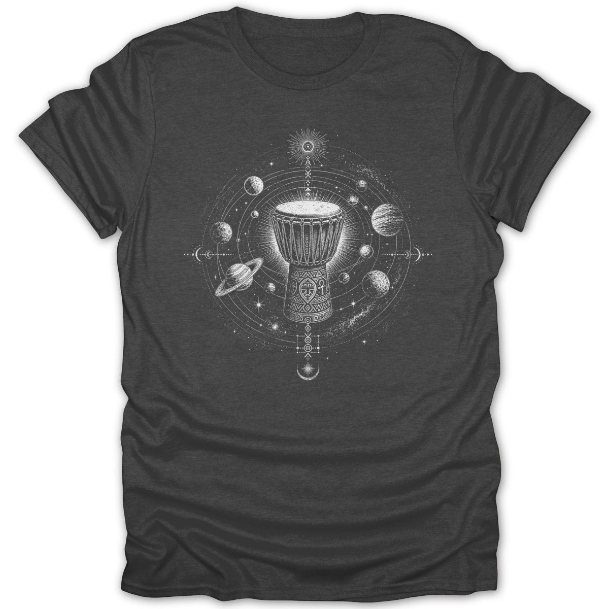 Djembe drum with planets and celestial symbols design on a dark gray t-shirt.