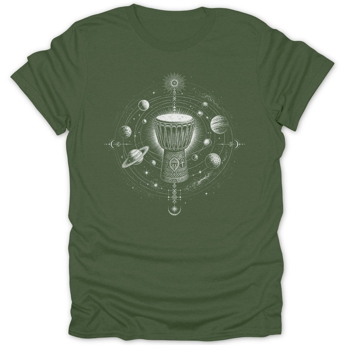 Djembe drum surrounded by planets, stars, and celestial symbols on a green t-shirt.
