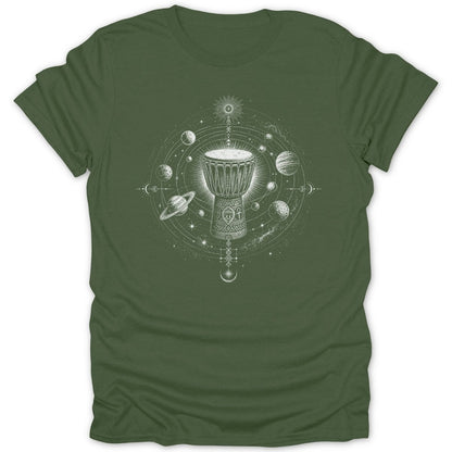 Djembe drum surrounded by planets, stars, and celestial symbols on a green t-shirt.