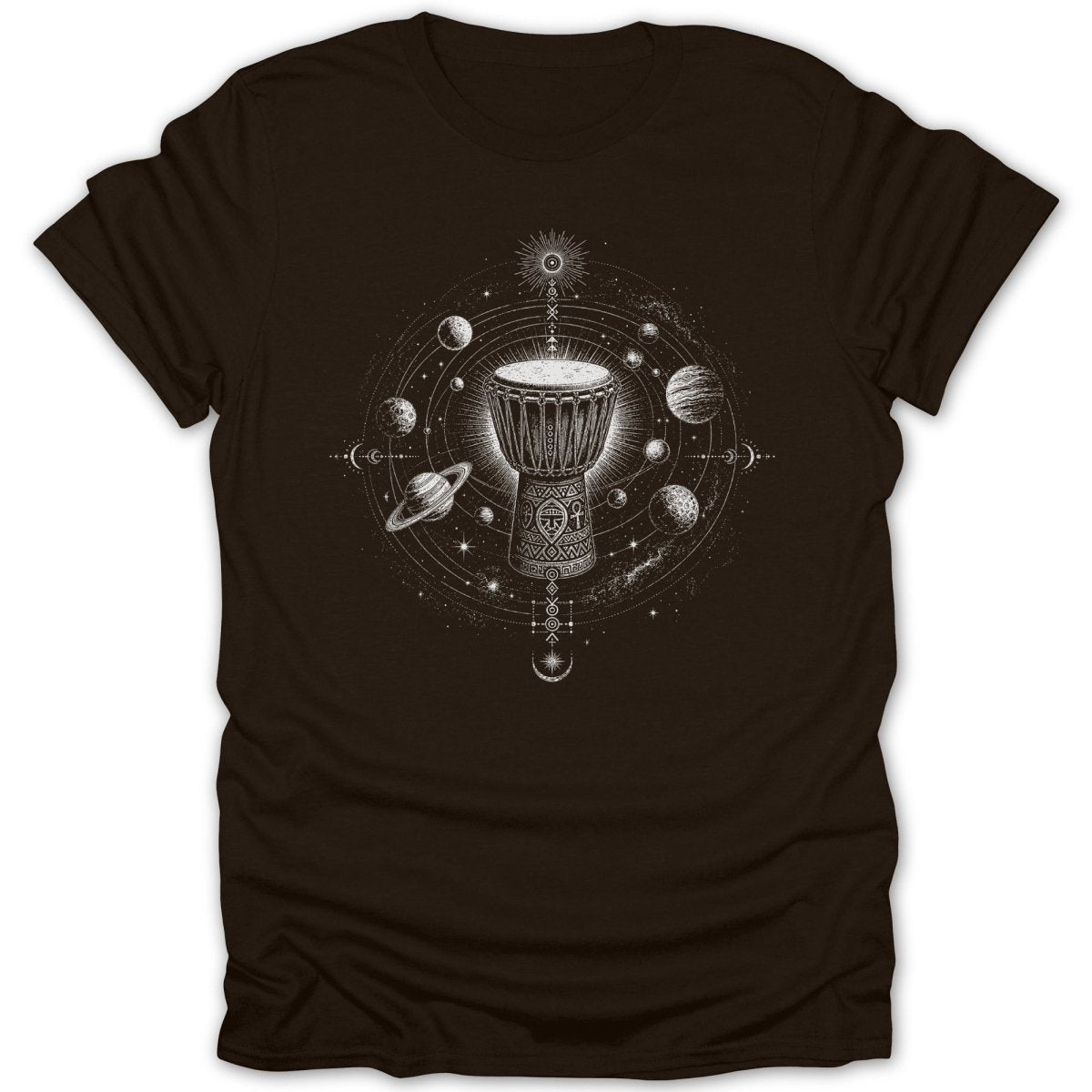 Brown t-shirt with a white djembe drum and planetary system design.