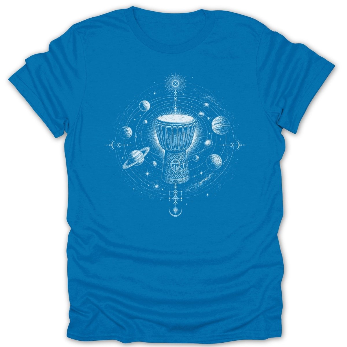 Blue t-shirt with white outline of a djembe drum surrounded by planets and stars.