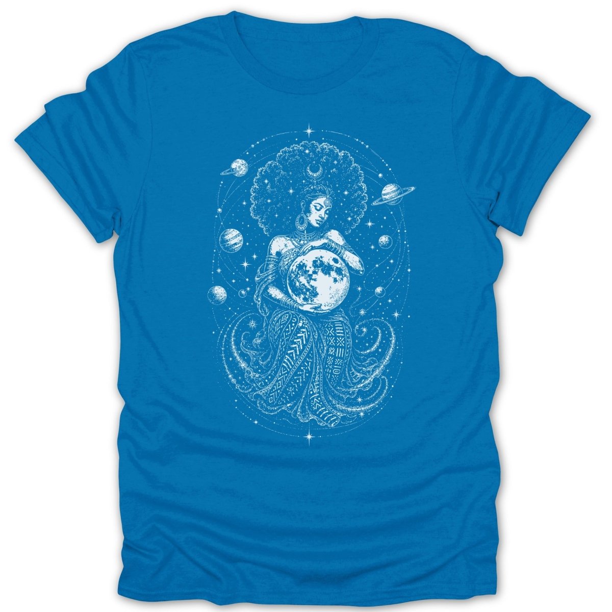 Woman with large afro holding the moon, surrounded by planets and stars.