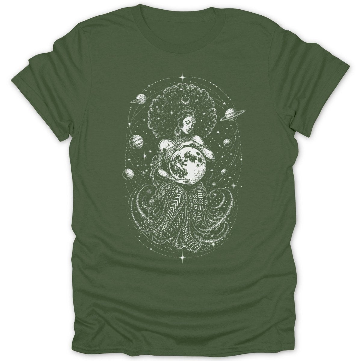 Woman holding moon surrounded by planets and stars on a green t-shirt.