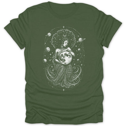 Woman holding moon surrounded by planets and stars on a green t-shirt.