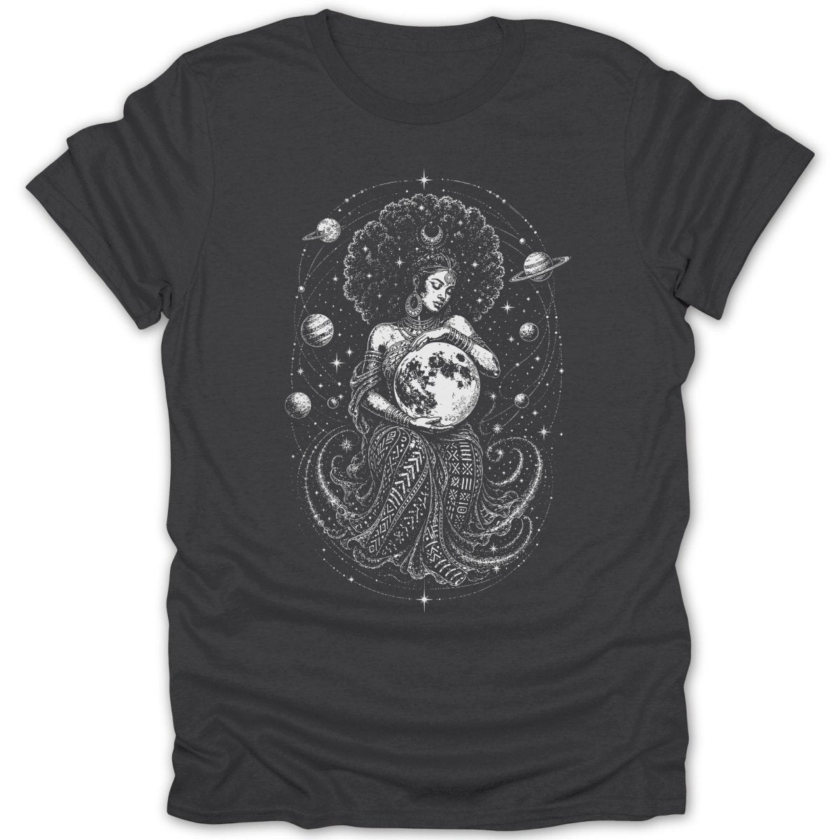 Woman with afro holding moon, surrounded by planets and stars on dark t-shirt.