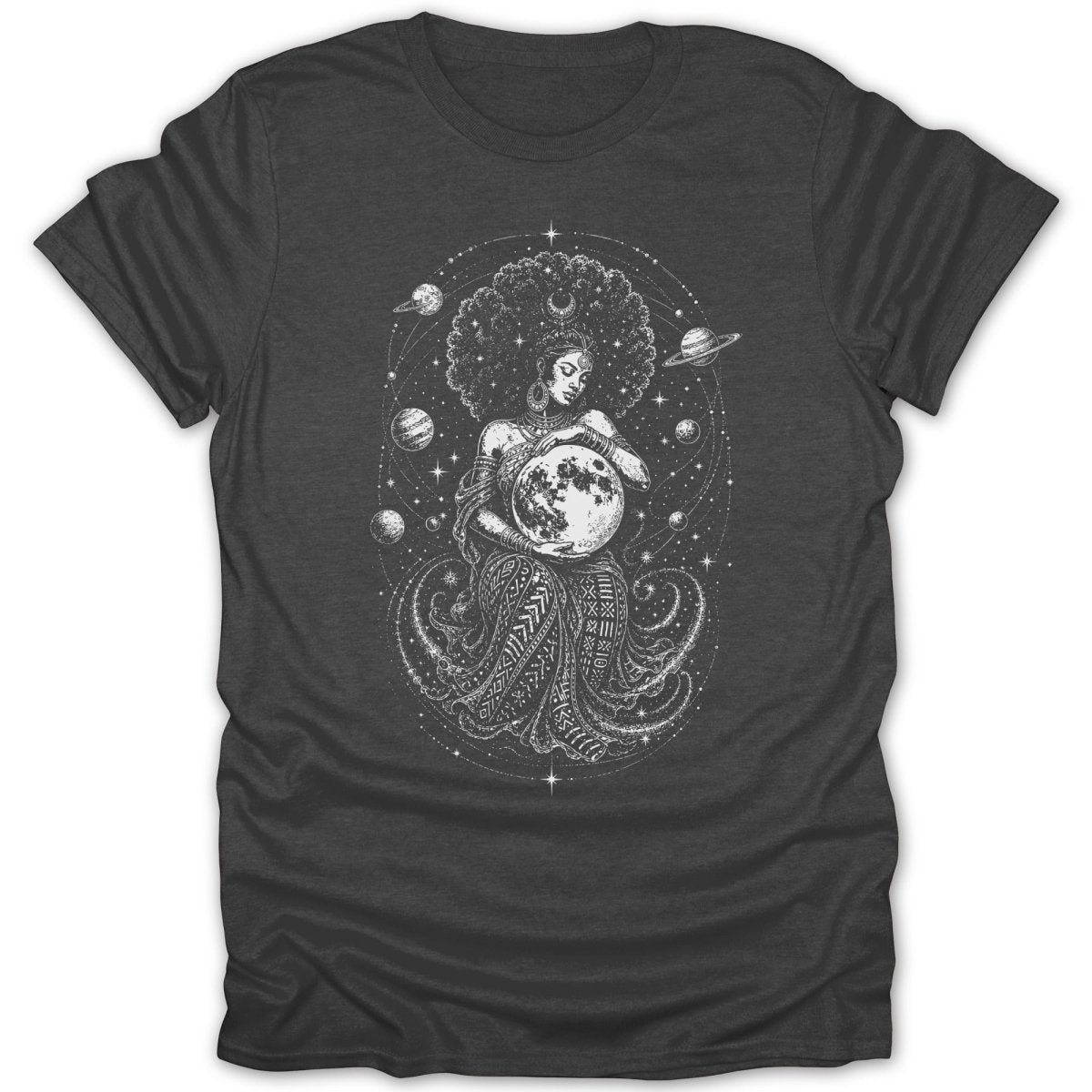 Black t-shirt with a white graphic of a woman holding the moon surrounded by planets and stars.