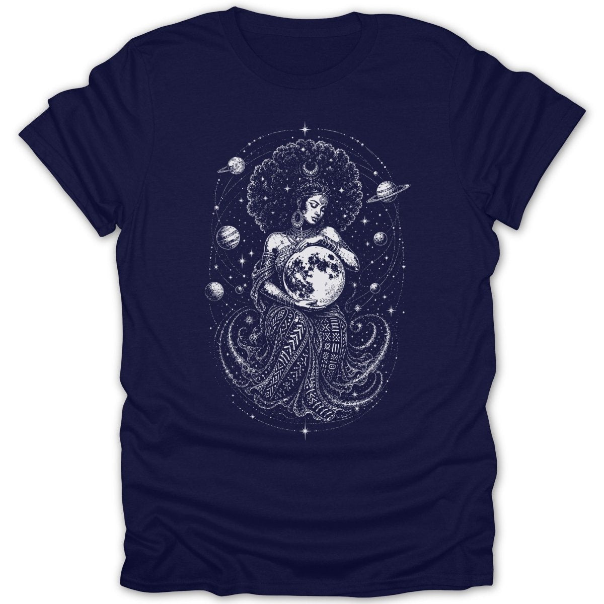 Woman holding moon surrounded by planets and stars in celestial design.