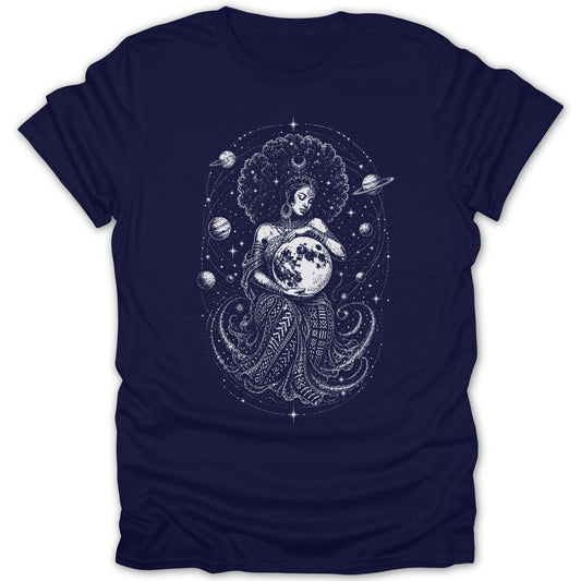 Woman holding moon surrounded by planets and stars in celestial design.