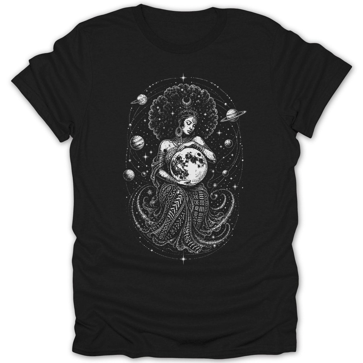 Black t-shirt with mythical woman holding moon surrounded by planets and stars.