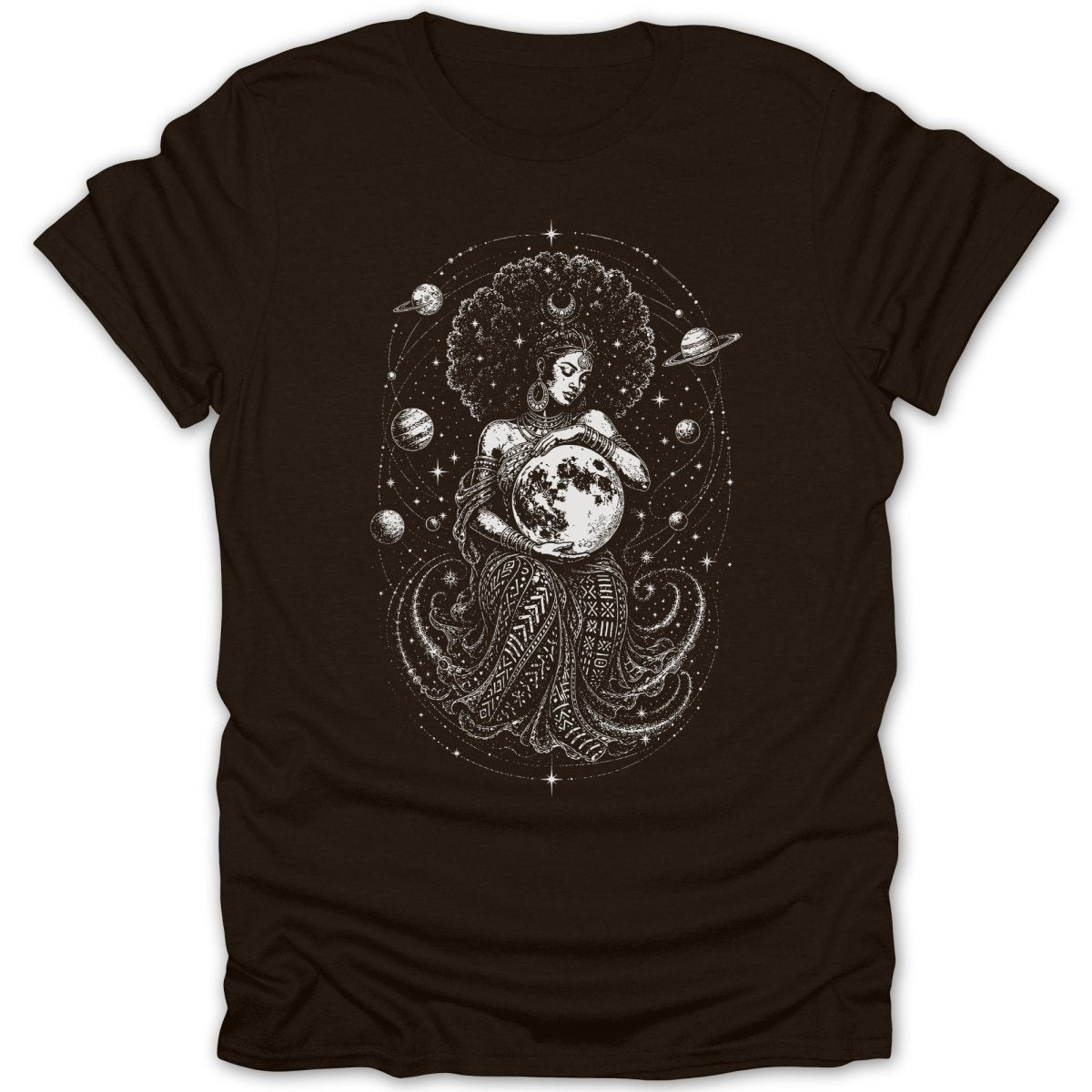 Woman with afro holding moon among planets and stars in black and white graphic print.